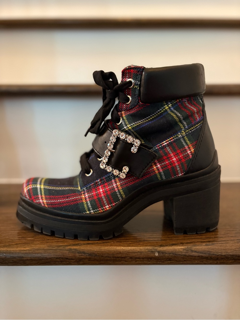 GB Plaid Crystal Buckle Lace-Up Platform Ankle Boots - Red Plaid